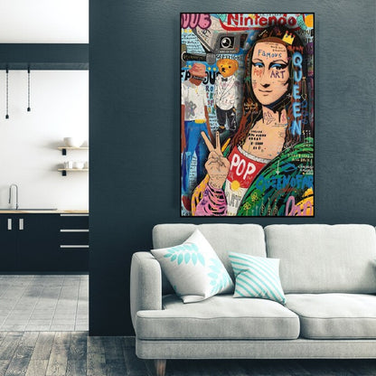 Room mockup. Mona Lisa making a peace sign, with green clothing and pink sleeves amid colourful graffiti and graphic symbols.