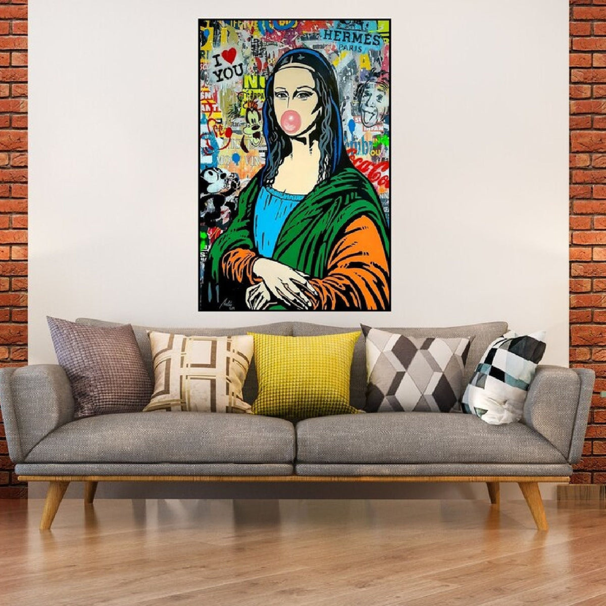 Room mockup. Pop-art Mona Lisa blowing a pink bubble, wearing green, blue and orange clothing amid colourful graffiti.
