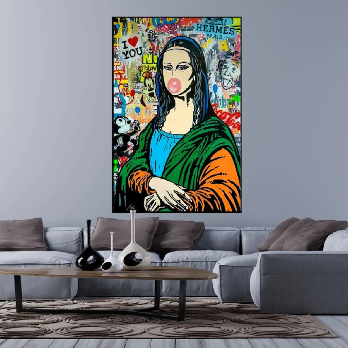 Room mockup. Pop-art Mona Lisa blowing a pink bubble, wearing green, blue and orange clothing amid colourful graffiti.
