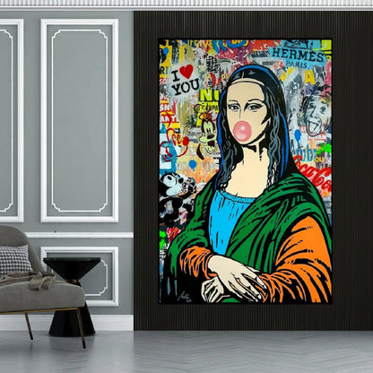 Room mockup. Pop-art Mona Lisa blowing a pink bubble, wearing green, blue and orange clothing amid colourful graffiti.