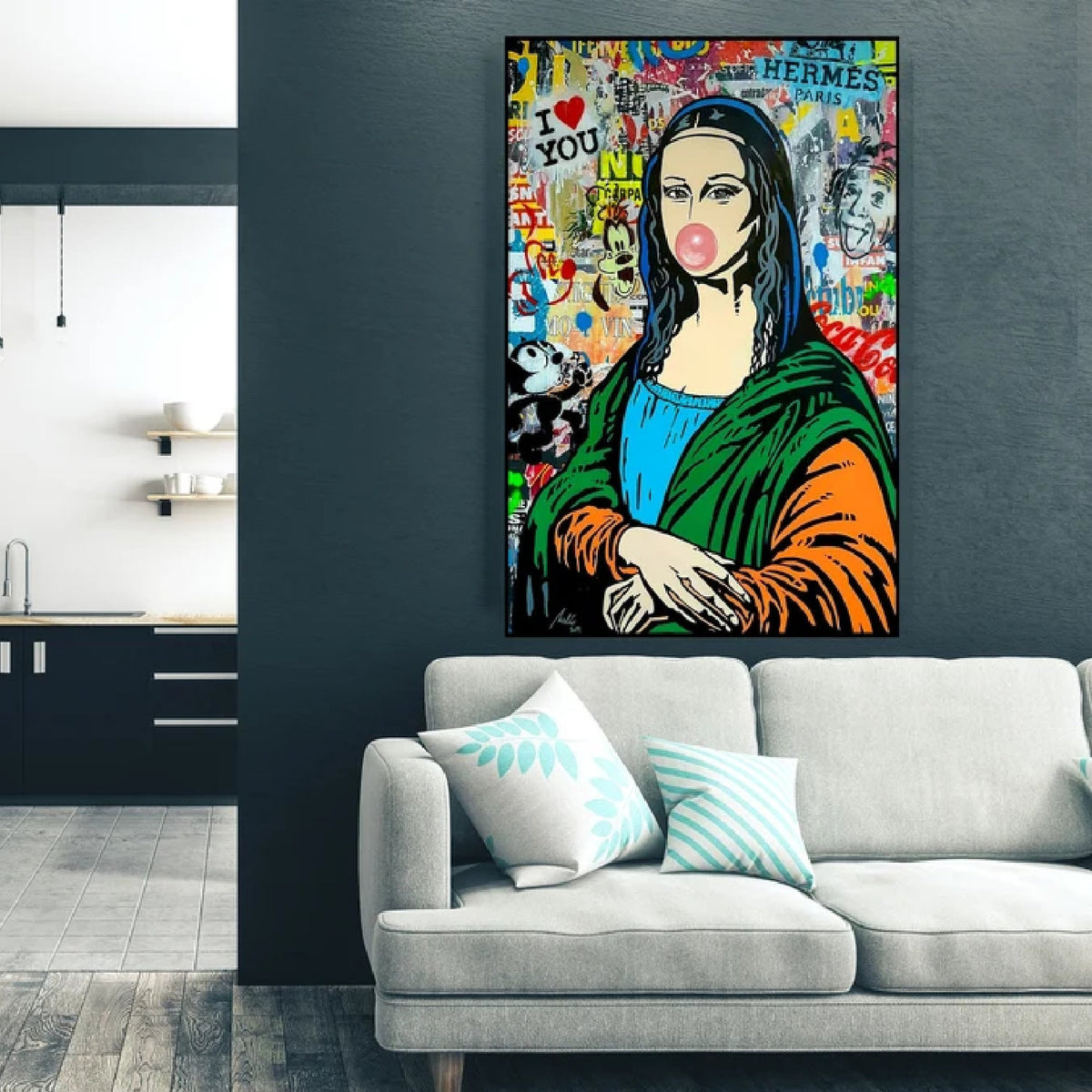 Room mockup. Pop-art Mona Lisa blowing a pink bubble, wearing green, blue and orange clothing amid colourful graffiti.