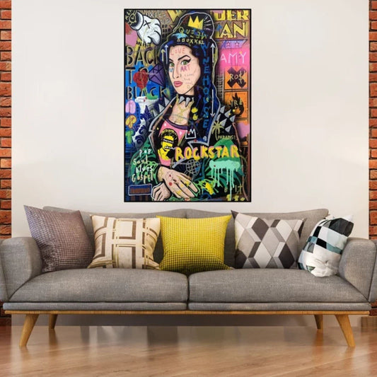 Room mockup. Mona Lisa portrait in a patterned dark jacket amid bright graffiti lettering, green drips and yellow accents.