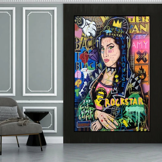 Room mockup. Mona Lisa portrait in a patterned dark jacket amid bright graffiti lettering, green drips and yellow accents.
