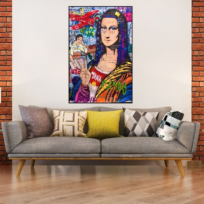 Room mockup. Mona Lisa portrait in an orange and black striped garment amid blue, pink, red and green graffiti.