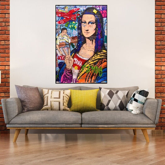 Room mockup. Mona Lisa portrait in an orange and black striped garment amid blue, pink, red and green graffiti.