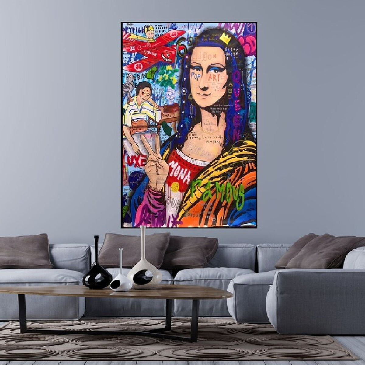 Room mockup. Mona Lisa portrait in an orange and black striped garment amid blue, pink, red and green graffiti.