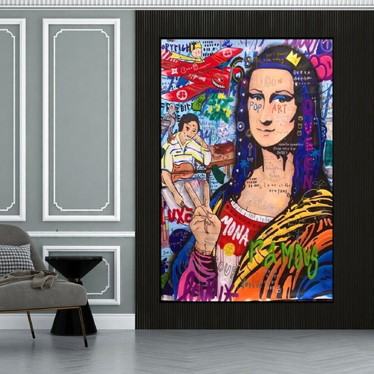 Room mockup. Mona Lisa portrait in an orange and black striped garment amid blue, pink, red and green graffiti.