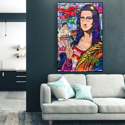 Room mockup. Mona Lisa portrait in an orange and black striped garment amid blue, pink, red and green graffiti.
