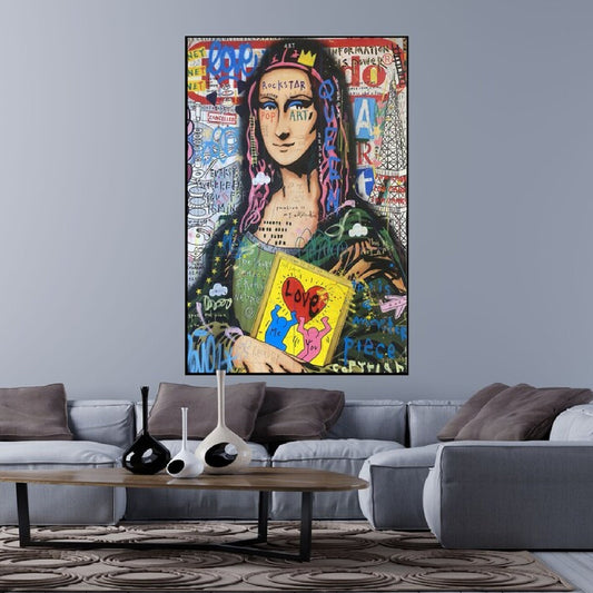 Room mockup. Mona Lisa holding a yellow graphic with a red heart amid dense colourful graffiti lettering.