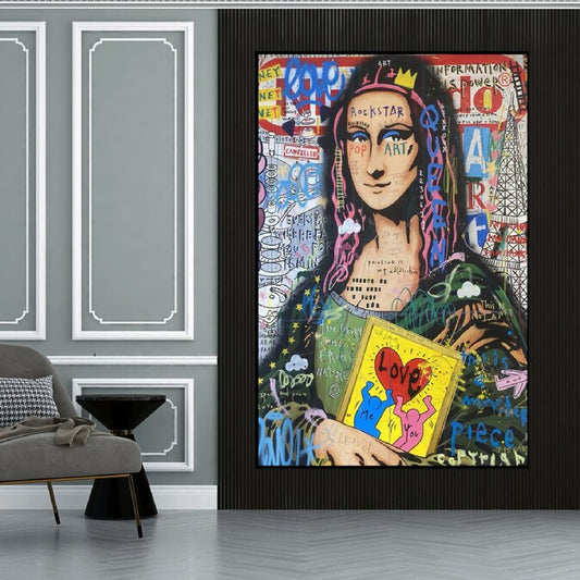 Room mockup. Mona Lisa holding a yellow graphic with a red heart amid dense colourful graffiti lettering.
