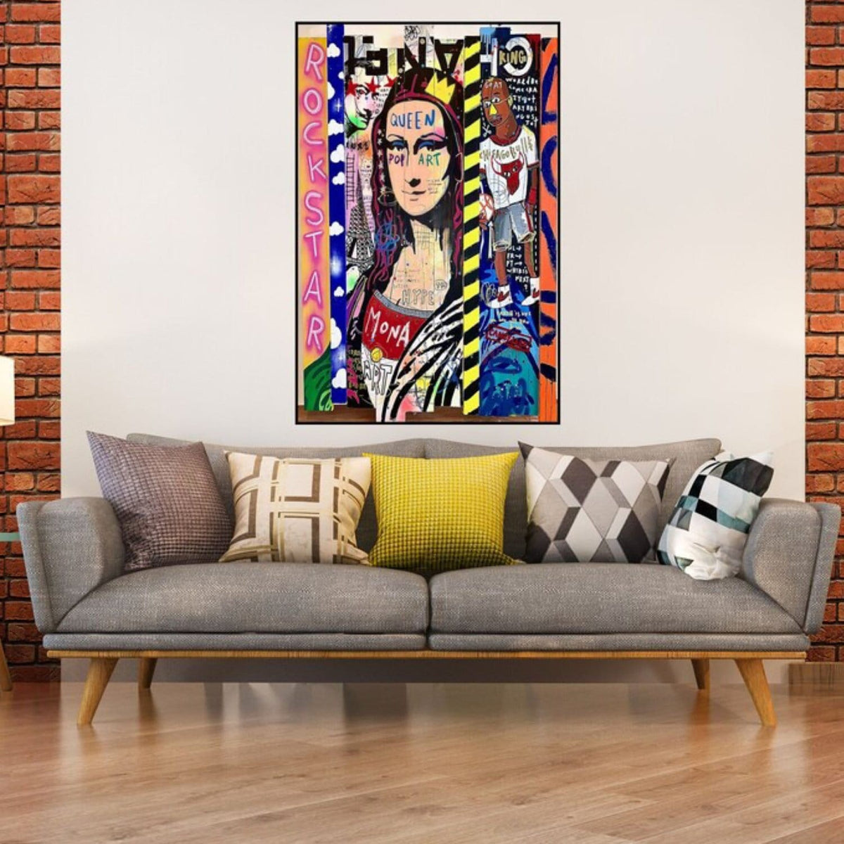 Room mockup. Mona Lisa portrait with a black-and-white striped garment, yellow border marks and vivid graffiti lettering.