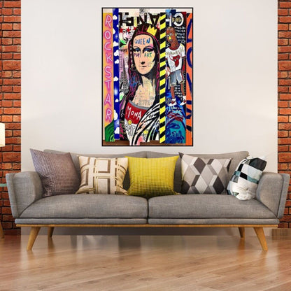 Room mockup. Mona Lisa portrait with a black-and-white striped garment, yellow border marks and vivid graffiti lettering.