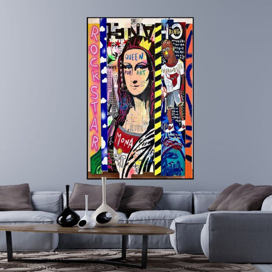 Room mockup. Mona Lisa portrait with a black-and-white striped garment, yellow border marks and vivid graffiti lettering.