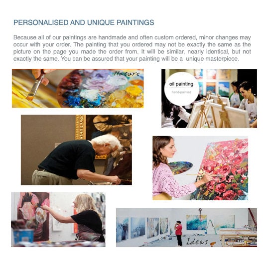 Artists painting canvases by hand, illustrating custom artwork and the natural variations between handmade paintings.