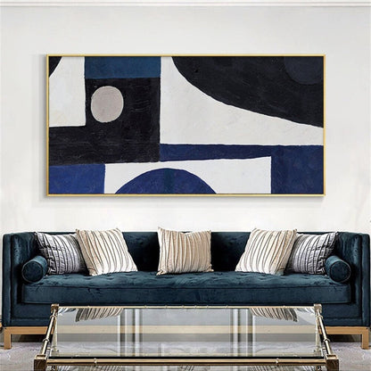 Room mockup. Black and navy blocks, a small pale circle and broad curved white fields form a bold geometric composition.