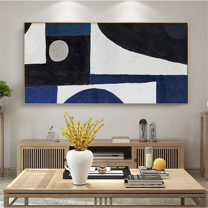 Room mockup. Black and navy blocks, a small pale circle and broad curved white fields form a bold geometric composition.