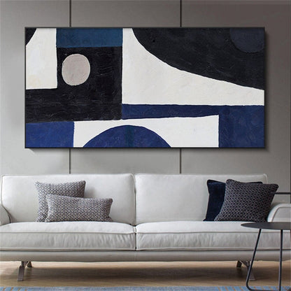 Room mockup. Black and navy blocks, a small pale circle and broad curved white fields form a bold geometric composition.