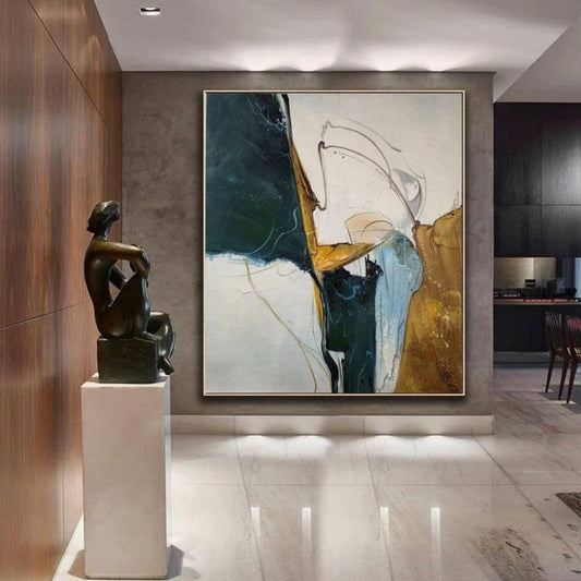 Room mockup. Abstract artwork with navy, cream, ochre and pale blue fields crossed by fine looping grey lines.