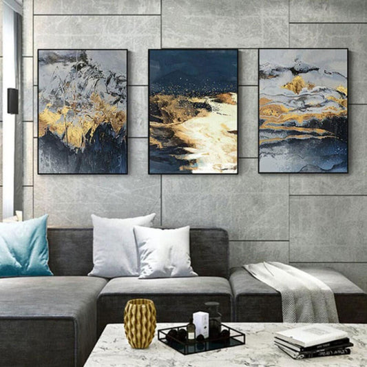 Room mockup. Three-panel artwork with navy, grey and white textures and curving gold-coloured patches.