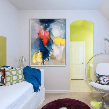 Room mockup. A dark navy vertical sweep crosses soft grey and white patches with coral-red and bright yellow accents.