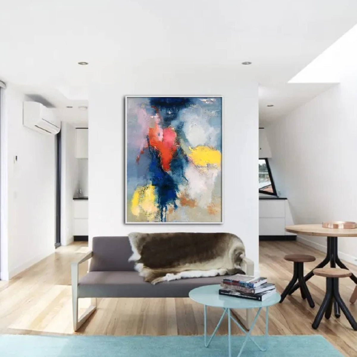 Room mockup. A dark navy vertical sweep crosses soft grey and white patches with coral-red and bright yellow accents.