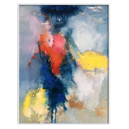 A dark navy vertical sweep crosses soft grey and white patches with coral-red and bright yellow accents.