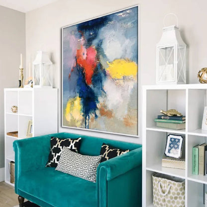 Room mockup. A dark navy vertical sweep crosses soft grey and white patches with coral-red and bright yellow accents.