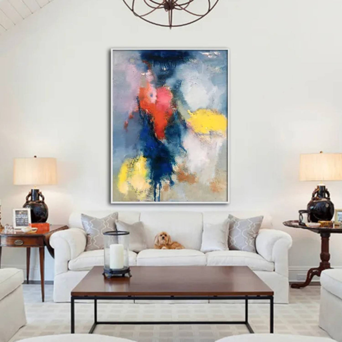 Room mockup. A dark navy vertical sweep crosses soft grey and white patches with coral-red and bright yellow accents.