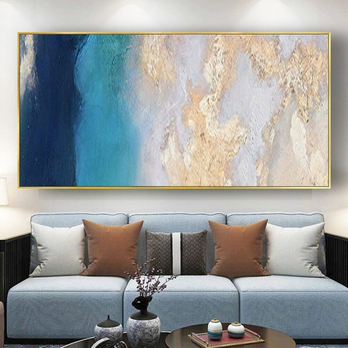 Room mockup. Deep navy and turquoise fields meet pale cream and grey textured areas with scattered gold-coloured ridges.