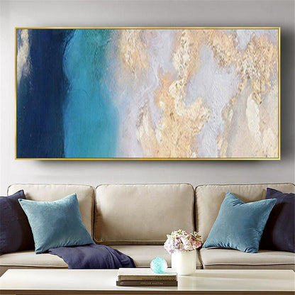 Room mockup. Deep navy and turquoise fields meet pale cream and grey textured areas with scattered gold-coloured ridges.