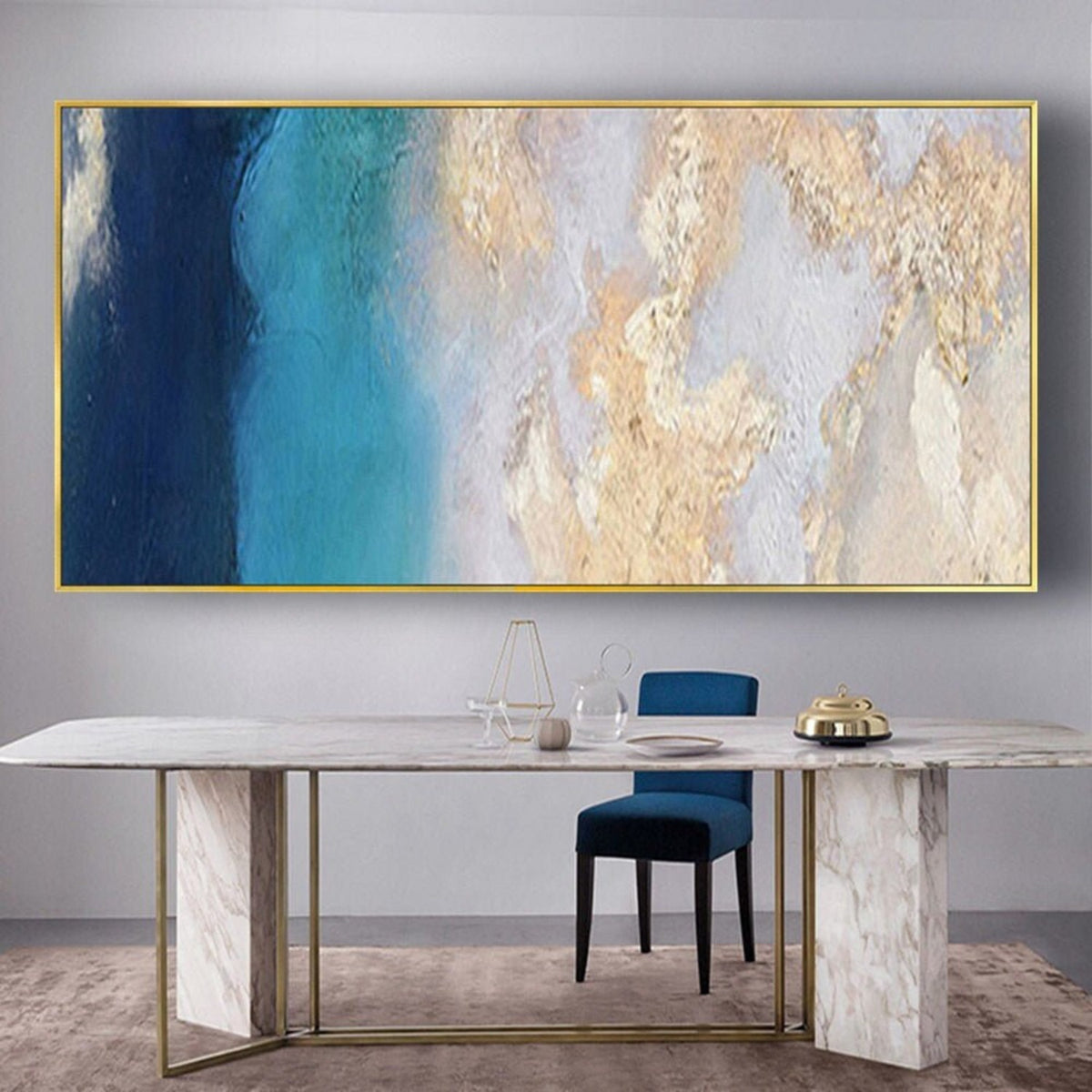 Room mockup. Deep navy and turquoise fields meet pale cream and grey textured areas with scattered gold-coloured ridges.