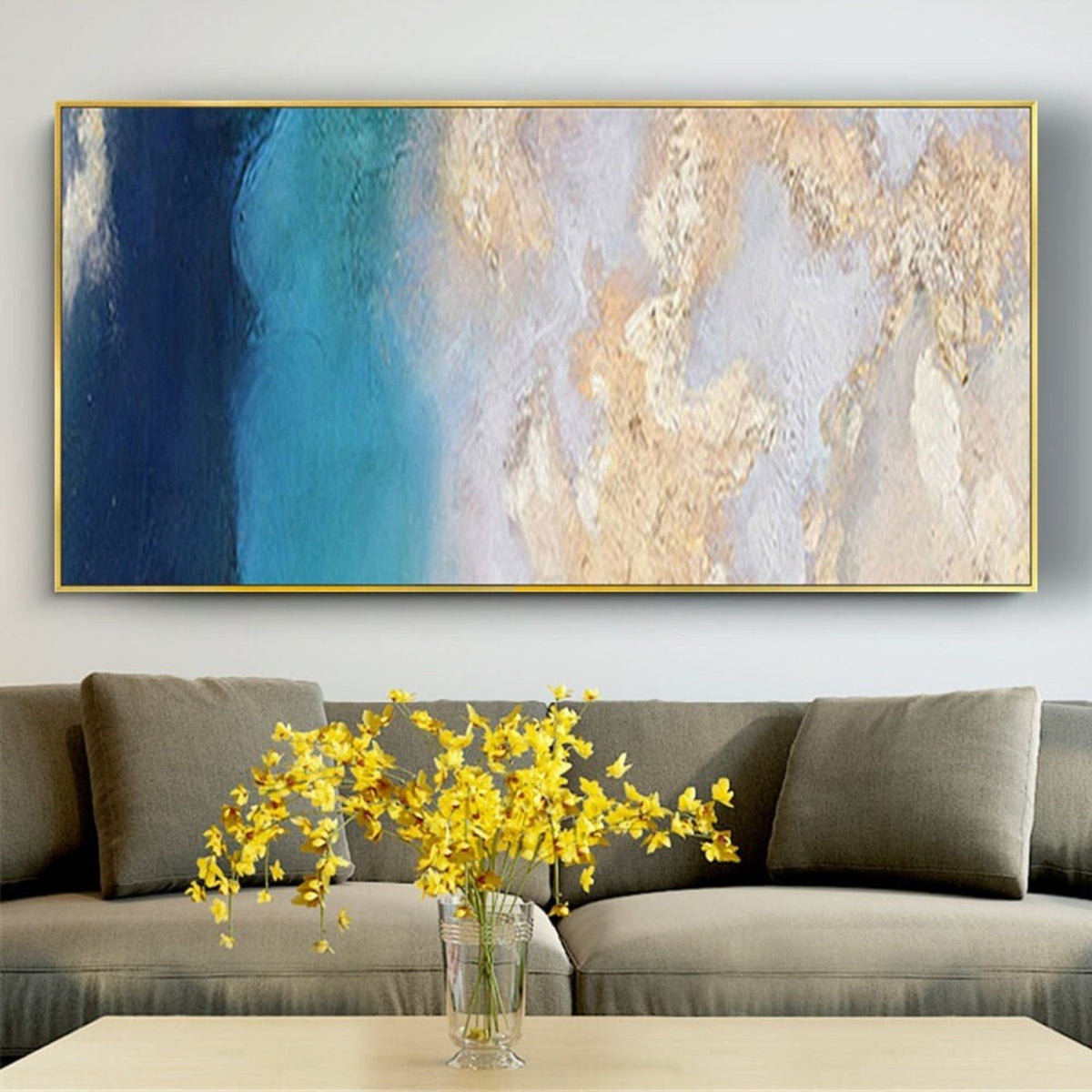 Room mockup. Deep navy and turquoise fields meet pale cream and grey textured areas with scattered gold-coloured ridges.