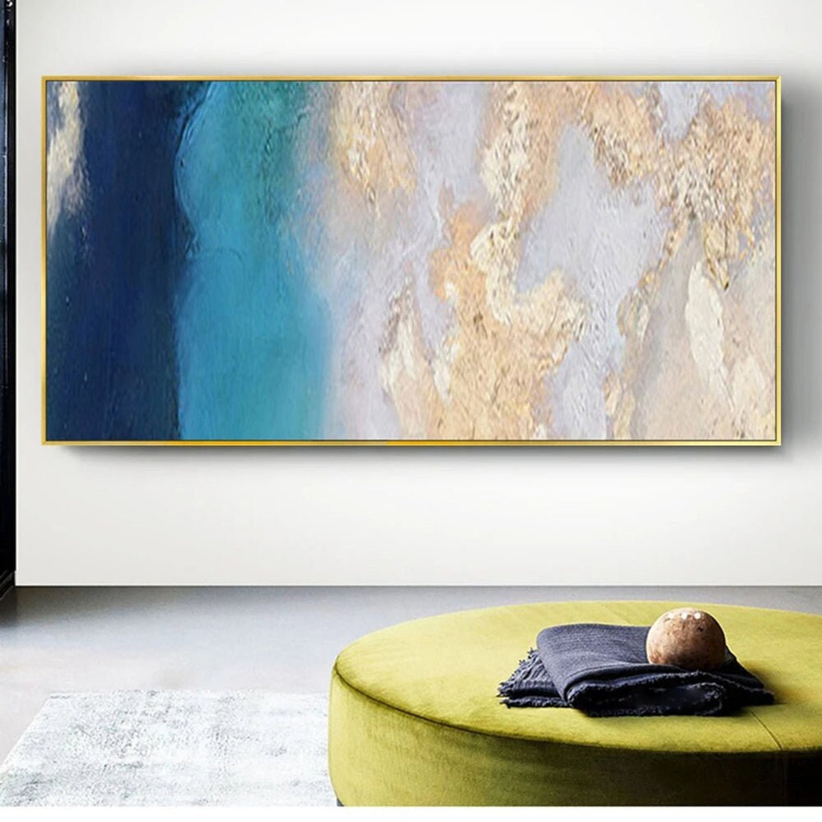 Room mockup. Deep navy and turquoise fields meet pale cream and grey textured areas with scattered gold-coloured ridges.