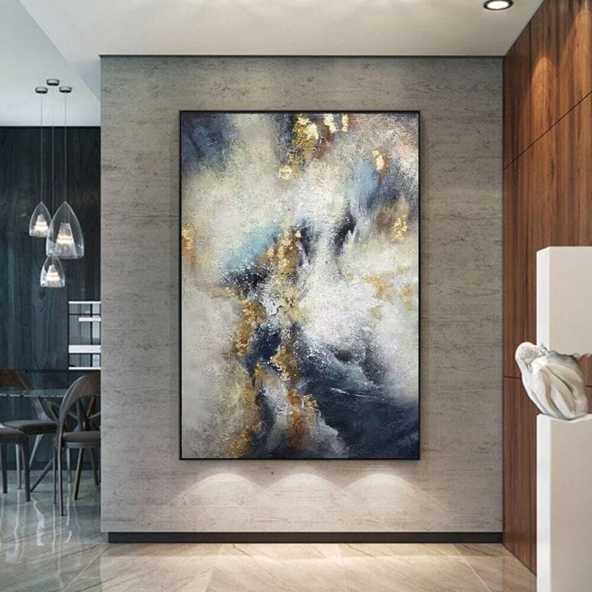 Room mockup. Cloud-like white and cream strokes cross deep navy and grey fields with scattered gold-coloured textured patches.