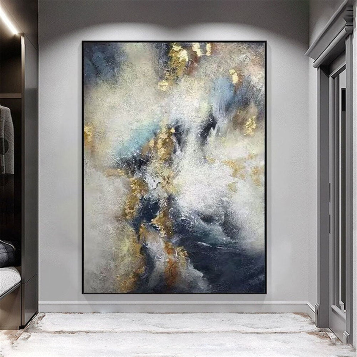 Room mockup. Cloud-like white and cream strokes cross deep navy and grey fields with scattered gold-coloured textured patches.