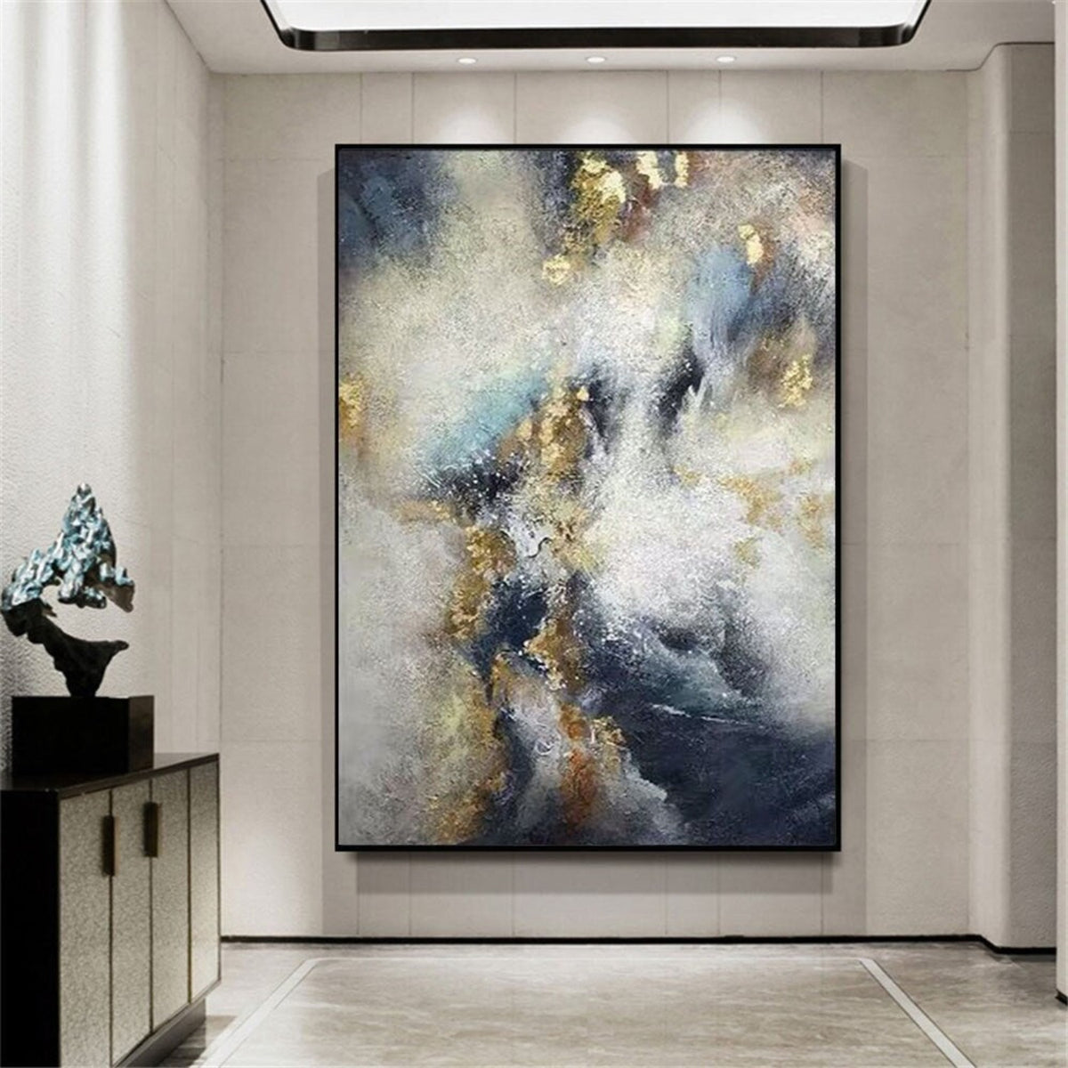 Room mockup. Cloud-like white and cream strokes cross deep navy and grey fields with scattered gold-coloured textured patches.