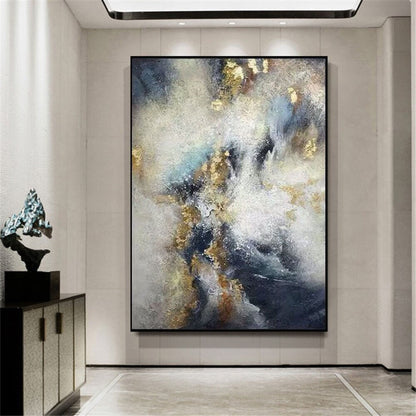 Room mockup. Cloud-like white and cream strokes cross deep navy and grey fields with scattered gold-coloured textured patches.