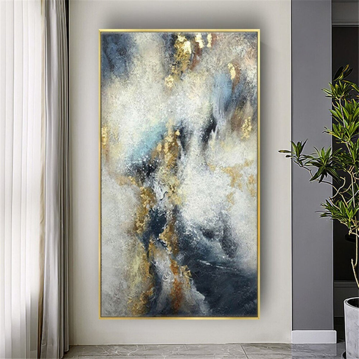 Room mockup. Cloud-like white and cream strokes cross deep navy and grey fields with scattered gold-coloured textured patches.