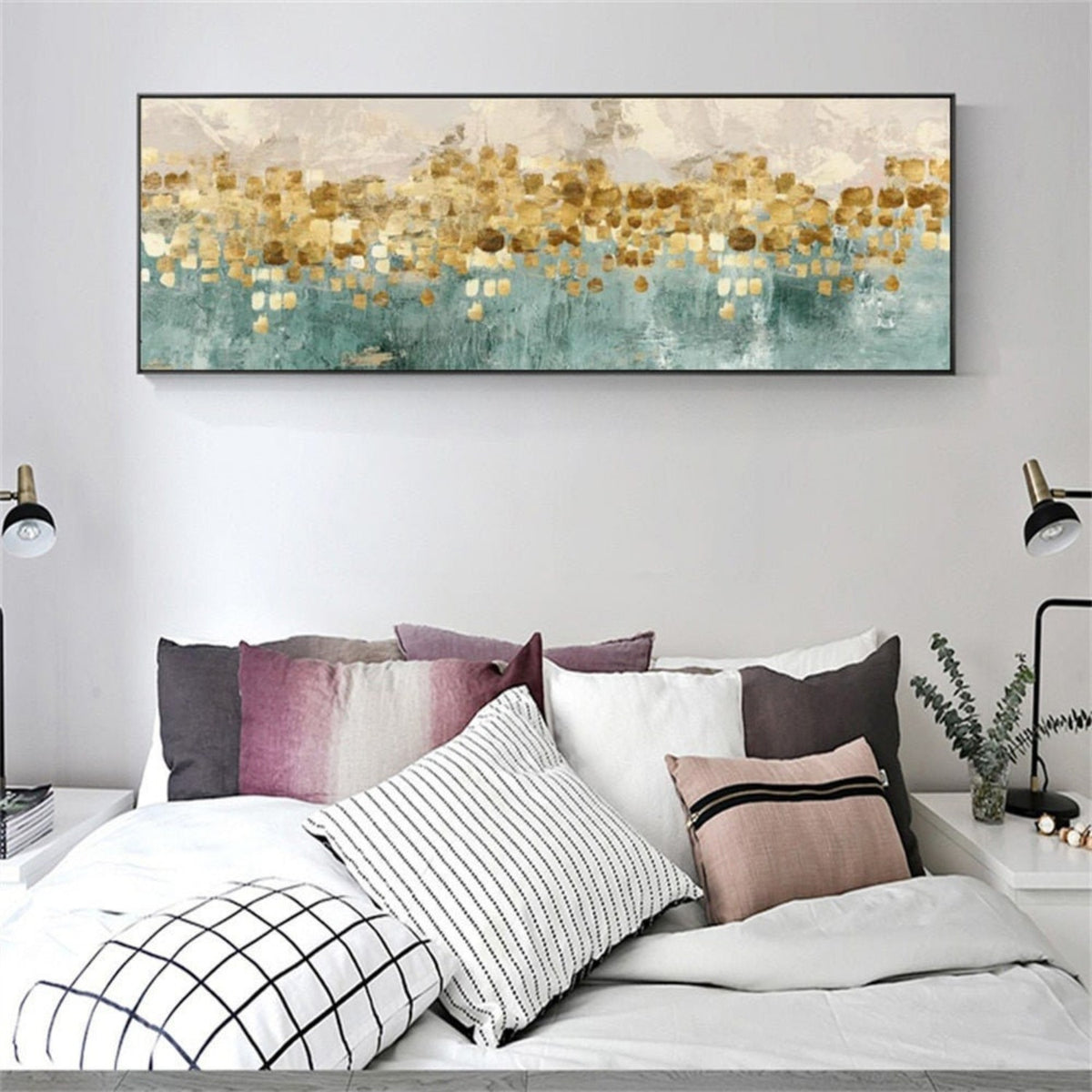 Room mockup. Small ochre, gold-coloured and cream rectangular dabs form a horizontal band above muted teal strokes.