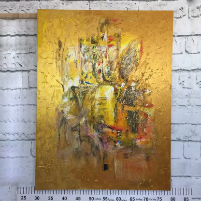 Room mockup. An ochre and yellow textured field with a dense central cluster of grey, cream, rust and dark scraped marks.