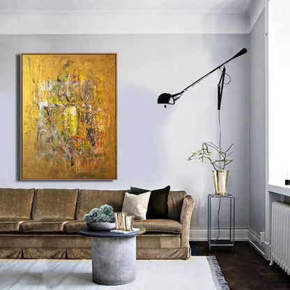 Room mockup. An ochre and yellow textured field with a dense central cluster of grey, cream, rust and dark scraped marks.