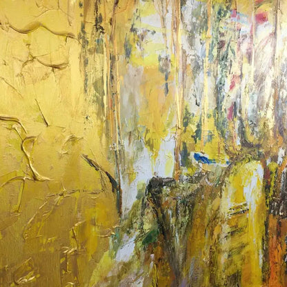 Close-up. An ochre and yellow textured field with a dense central cluster of grey, cream, rust and dark scraped marks.