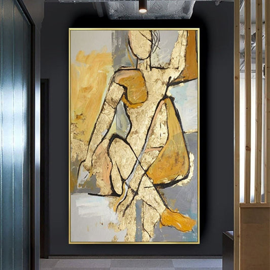 Room mockup. A stylised seated figure outlined in black, formed from ochre and cream shapes against pale grey and yellow.