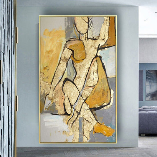 Room mockup. A stylised seated figure outlined in black, formed from ochre and cream shapes against pale grey and yellow.