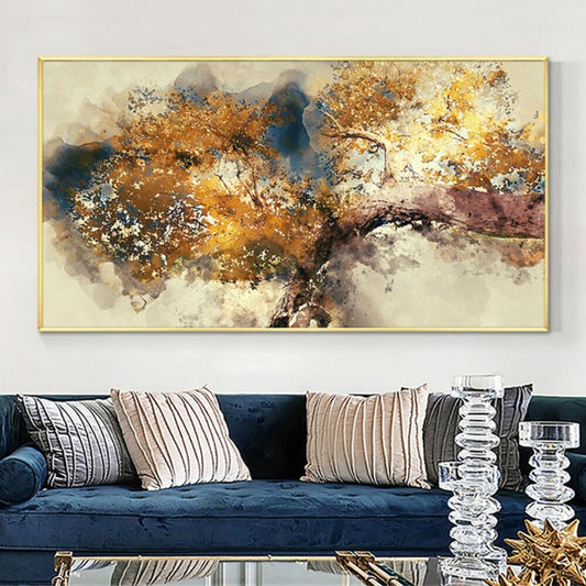 Room mockup. A broad dark branching form supports ochre, rust and cream textured foliage against pale beige and muted blue patches.