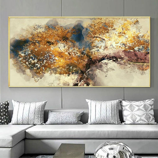 Room mockup. A broad dark branching form supports ochre, rust and cream textured foliage against pale beige and muted blue patches.
