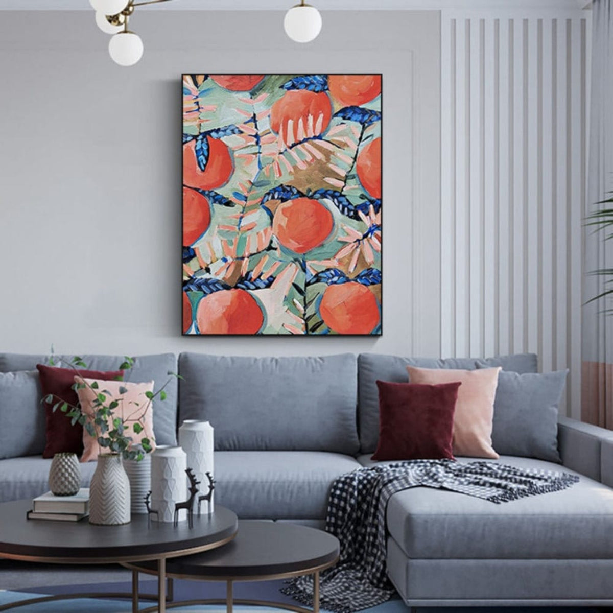 Room mockup. Large orange-red fruits and pale pink and green tropical leaves overlap dark blue stems in a dense decorative pattern.