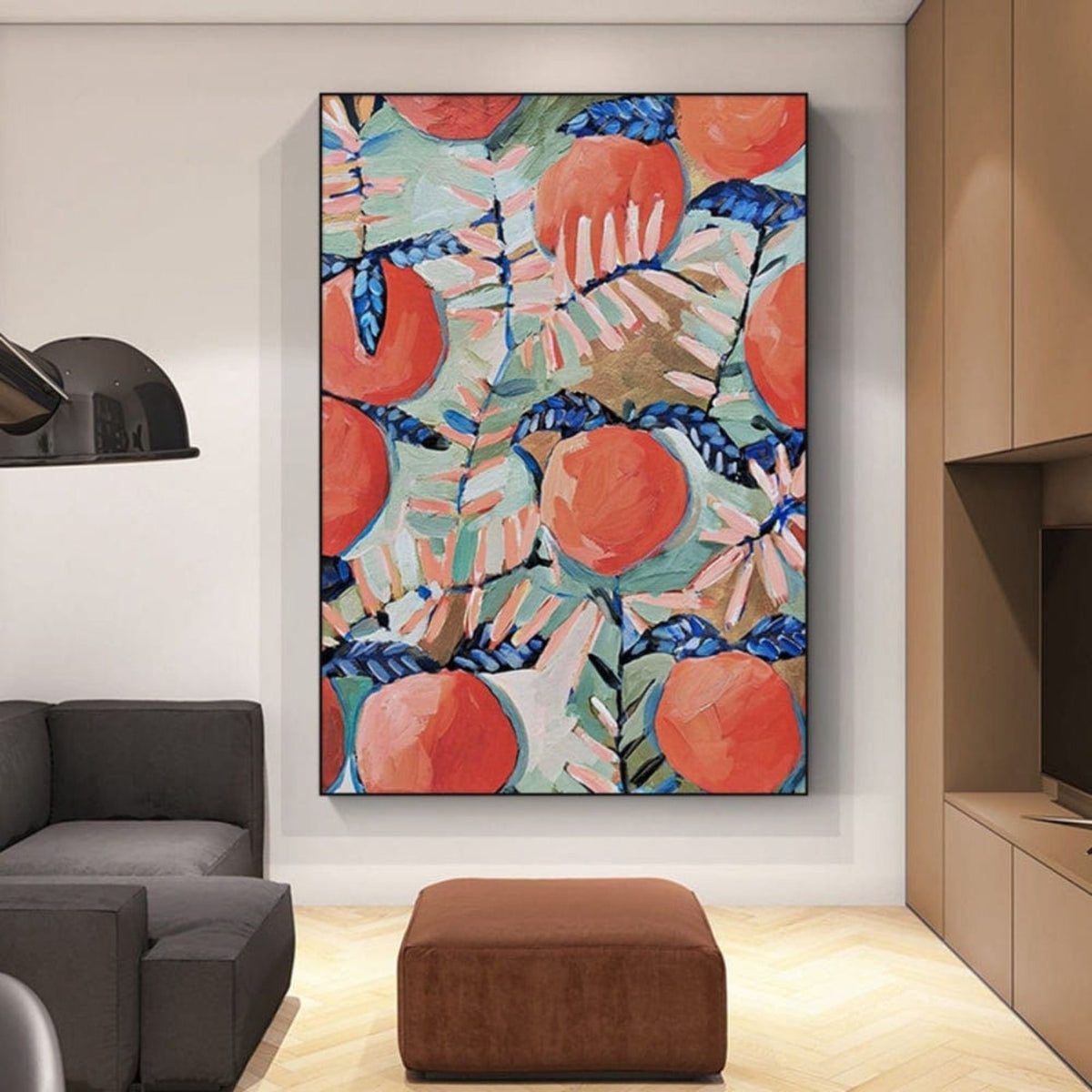 Room mockup. Large orange-red fruits and pale pink and green tropical leaves overlap dark blue stems in a dense decorative pattern.