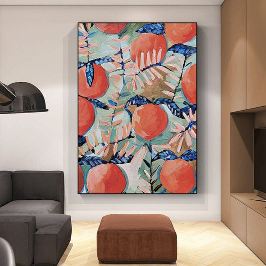 Room mockup. Large orange-red fruits and pale pink and green tropical leaves overlap dark blue stems in a dense decorative pattern.