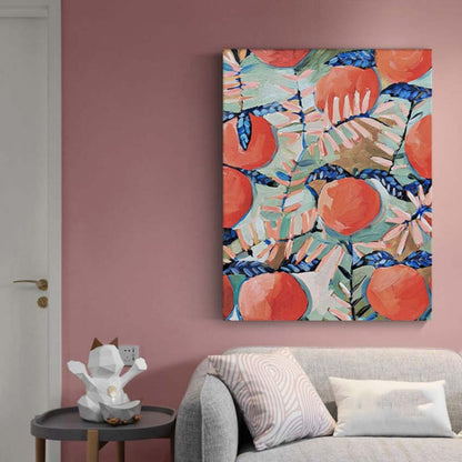 Room mockup. Large orange-red fruits and pale pink and green tropical leaves overlap dark blue stems in a dense decorative pattern.